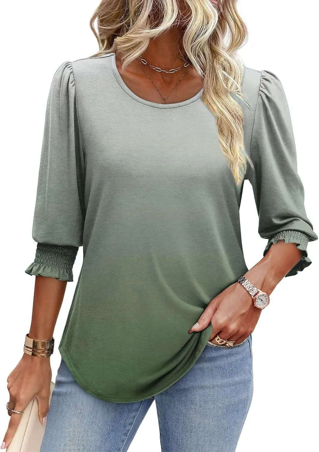 Spring Tops for Women 2025 Summer Fashion Tops 3/4 Sleeve T-Shirts Cute Crewneck Basic Business Tees Blouses Vacation