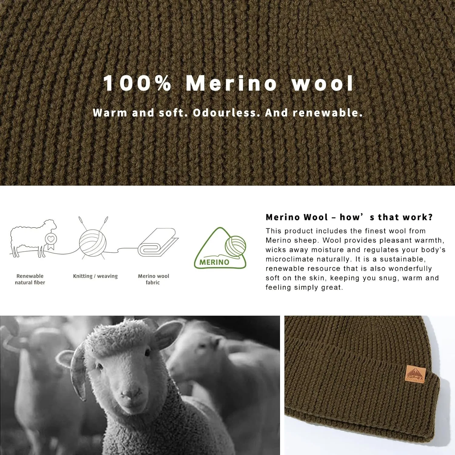 TOP-EX XL/XXL 100% Merino Wool Cuffed Beanie Hat for Men & Women, Warm Knitted Winter Hats 55-66CM
