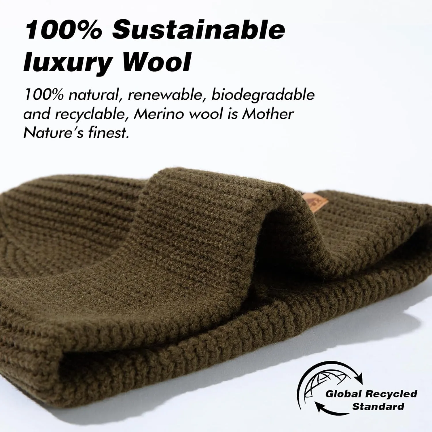TOP-EX XL/XXL 100% Merino Wool Cuffed Beanie Hat for Men & Women, Warm Knitted Winter Hats 55-66CM