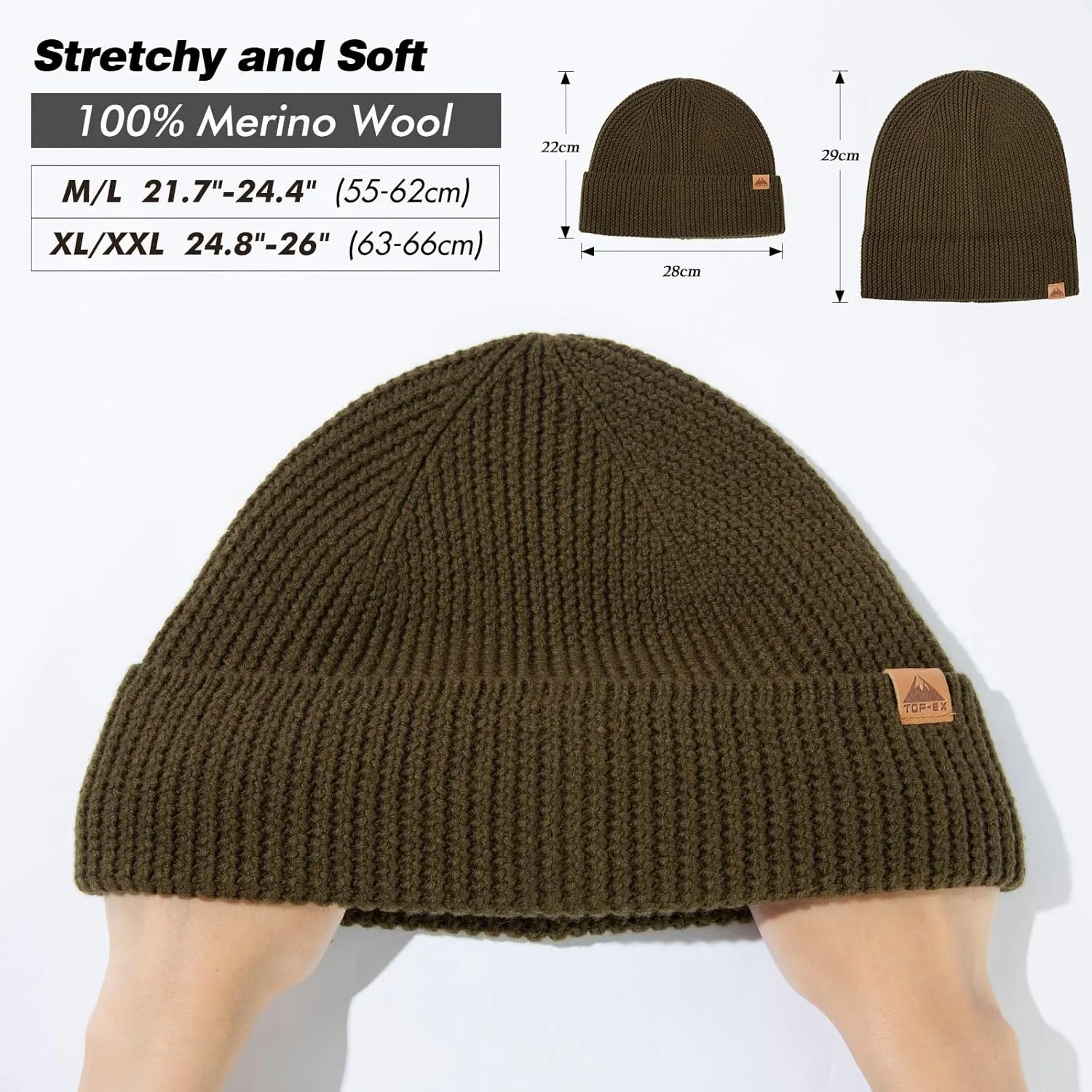 TOP-EX XL/XXL 100% Merino Wool Cuffed Beanie Hat for Men & Women, Warm Knitted Winter Hats 55-66CM