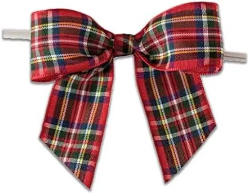 Weststone Christmas Plaid Pre-tied Bow Set of 50, Twist Tie Bows Satin Bowtie Set, Bow Tie for Food & Gift Package, Christmas Party, Halloween, Birthdays, Weddings, Size 3-1/2"