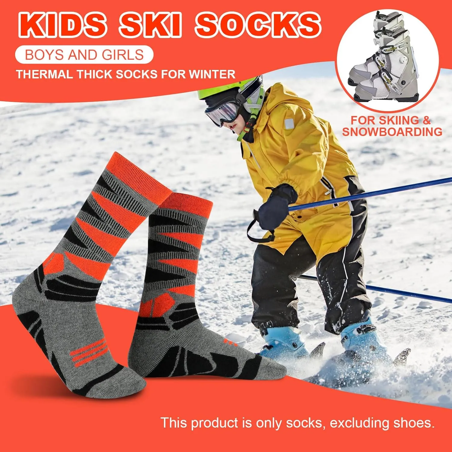 Winter Warm Kids Ski Socks - 2 Pairs Merino Wool Thermal Skiing Socks for Boys, Girls, Youth, Toddlers