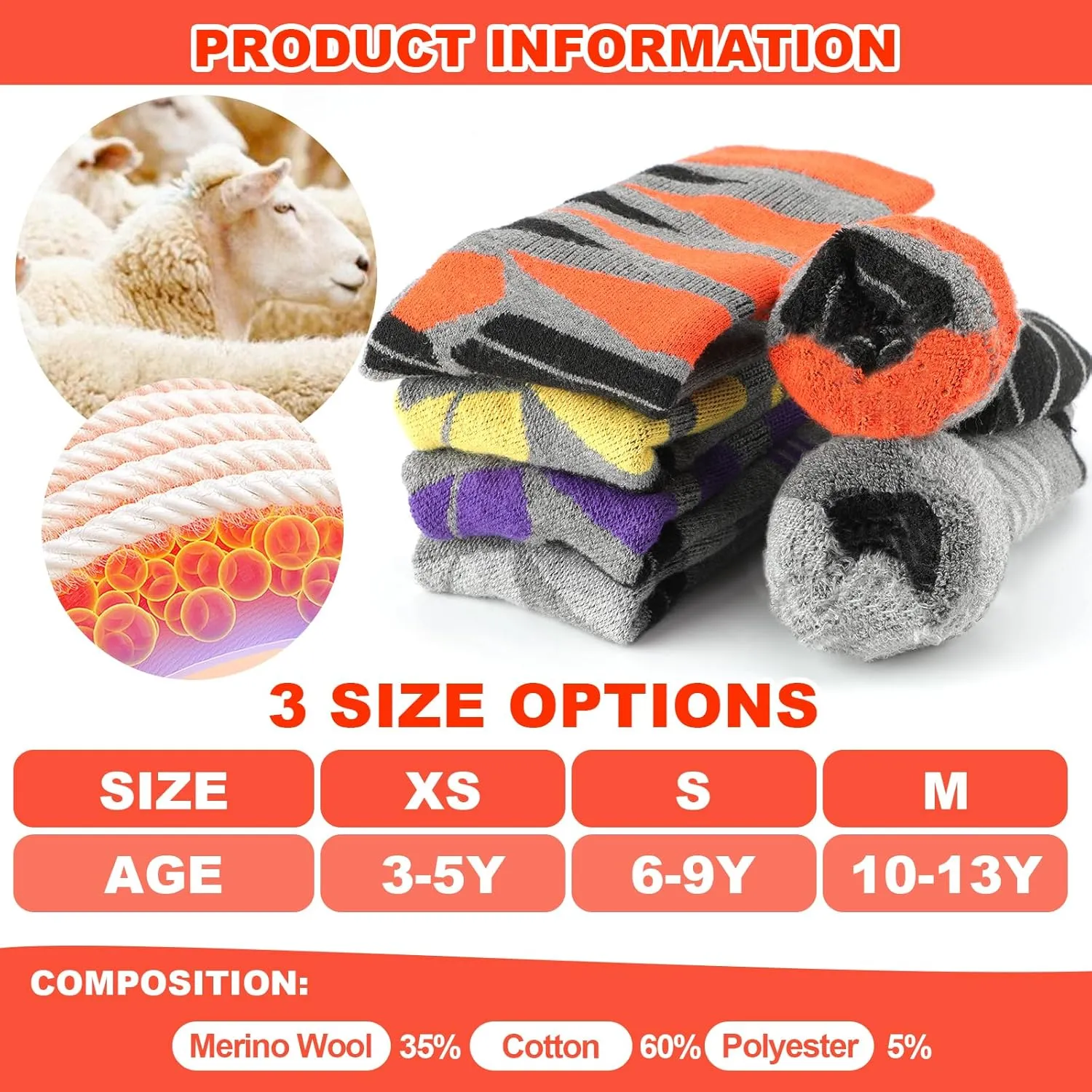 Winter Warm Kids Ski Socks - 2 Pairs Merino Wool Thermal Skiing Socks for Boys, Girls, Youth, Toddlers