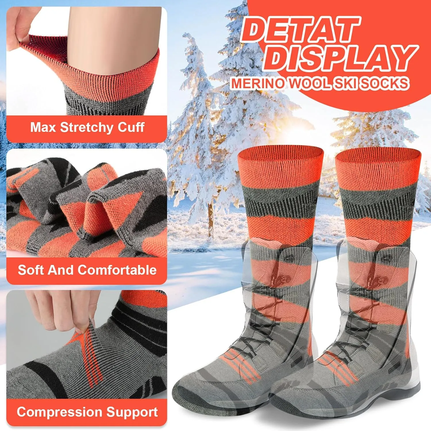 Winter Warm Kids Ski Socks - 2 Pairs Merino Wool Thermal Skiing Socks for Boys, Girls, Youth, Toddlers