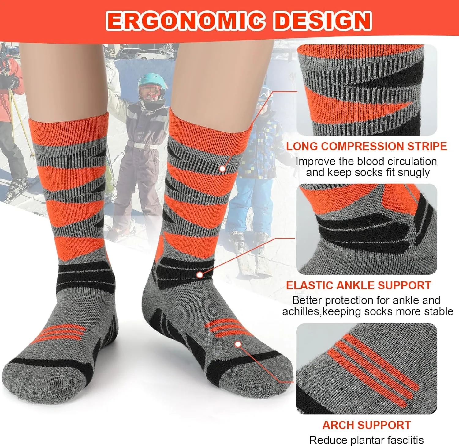 Winter Warm Kids Ski Socks - 2 Pairs Merino Wool Thermal Skiing Socks for Boys, Girls, Youth, Toddlers