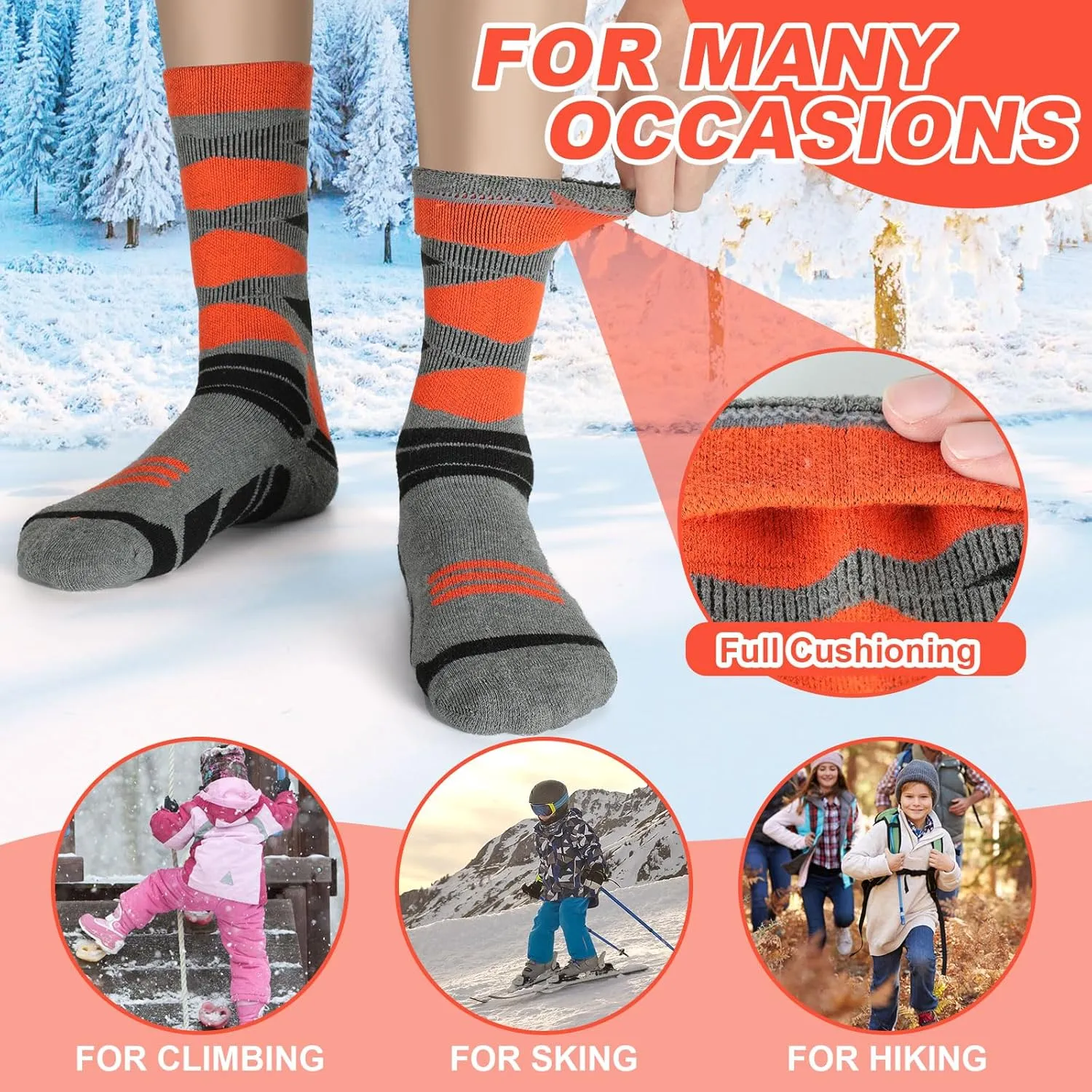 Winter Warm Kids Ski Socks - 2 Pairs Merino Wool Thermal Skiing Socks for Boys, Girls, Youth, Toddlers