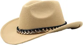 Women Men Cowboy Hat with Chain Decor Wide Brim Felt Cap Vintage Fedora Hat Outdoor Riding Sun Hat