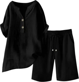 Womens 2 Piece Outfits Two Piece Lounge Set Short Sleeve Tunic Top and Drawstring Shorts Casual Summer Loungewear