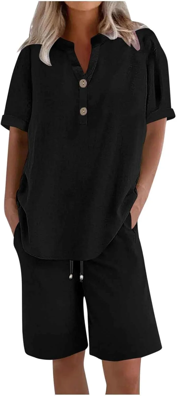 Womens 2 Piece Outfits Two Piece Lounge Set Short Sleeve Tunic Top and Drawstring Shorts Casual Summer Loungewear